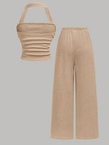 Girlism Teen Girl Khaki Solid Color Pleated Texture Cropped Halter Top Paired With Solid Color Wide Leg Pants 2pcs Set, Suitable For Vacation, Holiday, Lunch, Music Festival And Outings In Spring And Summer - Khaki - View 2