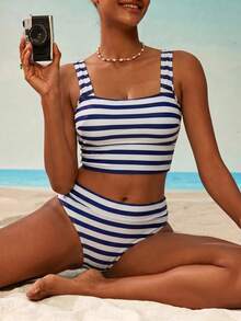 Swim Mod Women's Summer Vacation Beach Striped Square Neck Tankini Set - Navy Blue - View 6