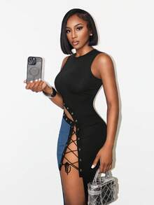 SHEIN BamGlam 女款無袖撞色交叉綁帶高開衩性感洋裝 - 彩色 - 查看 6