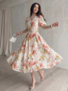 Modelyn Cream Floral Print Puff Sleeve Midi Dress Round Neck With Button Placket Romantic Cottagecore Chic Summer Garden Parties & Picnic Dates Floral Dress - Multicolor - View 4