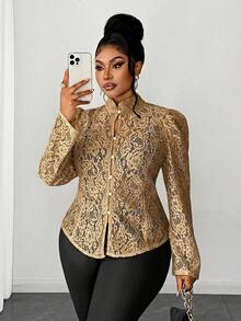 Maweii Plus Size Hollow Lace Stand Collar Button Long Sleeve Blouse - Mustard Yellow - View 1