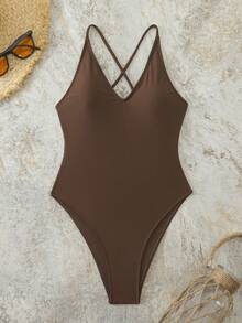 Swim Basics 2025 Women's Solid Color Ruched Backless Spaghetti Strap One-Piece Swimsuit - Coffee Brown - View 3