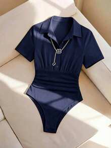 Selianne Women's Vintage Sexy Bodysuit, Slimming Fit, Elegant High-End Comfortable Versatile Fashion White Bodysuit - Royal Blue - View 5