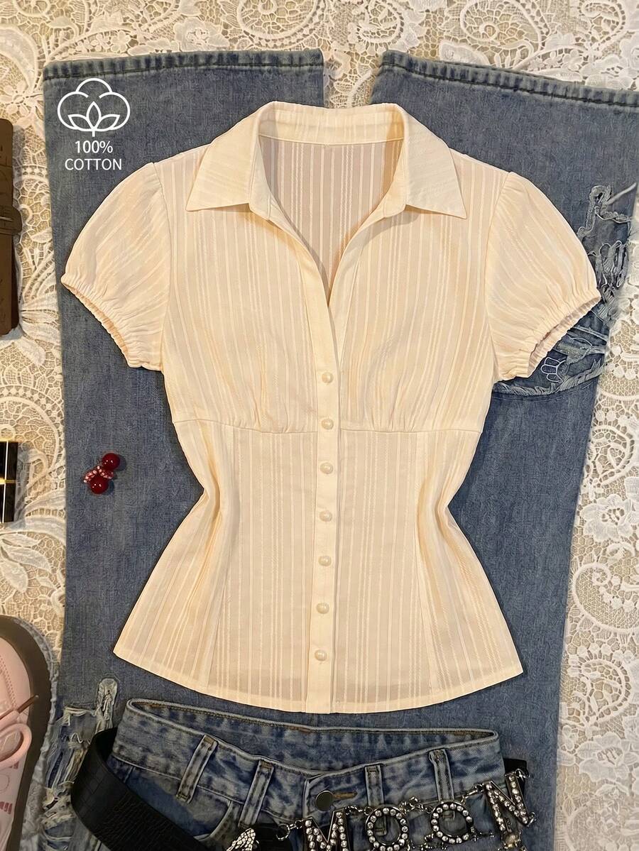 Elamini Women's V-Neck Vintage Elegant Mushroom Button Textured Jacquard Casual Vacation Cinched Waist Blouse Dinner Date White Summer - Light Yellow - View 1