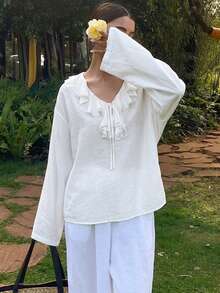 DAZY Solid Color Loose Long Sleeve Round Neck Women's Blouse Vacation White Autumn Elegant - White - View 4