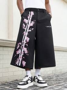 PAVTROS Men's Black Summer Streetwear 3/4 Pants,Cherry Blossom & English Text Print Y2K Skateboarding City Break Flower Girl Casual Skateboard Gift Pants - Black - View 3