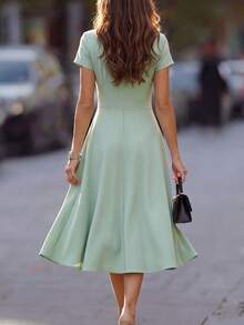 Elenzga Mint Green Solid Color Collar Waist Flared Dress,Elegant Flattering Silhouette,Sage Green,Summer,Elegant,Tea Party Summer Dress For Date,Workplace - Mint Green - View 2