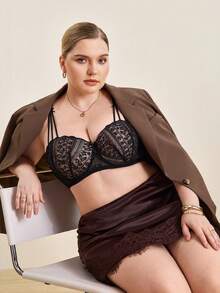 Hourtrue Plus Size Women Lace Patchwork Underwire Bra, Supportive & Breathable - Black - View 4