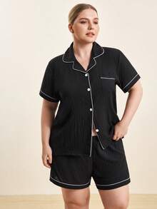 Hourtrue 2 件套大码女式褶皱黑色纯色夏季睡衣套装，短袖纽扣衬衫和短裤，休闲家居服 - 黑色 - 查看 5