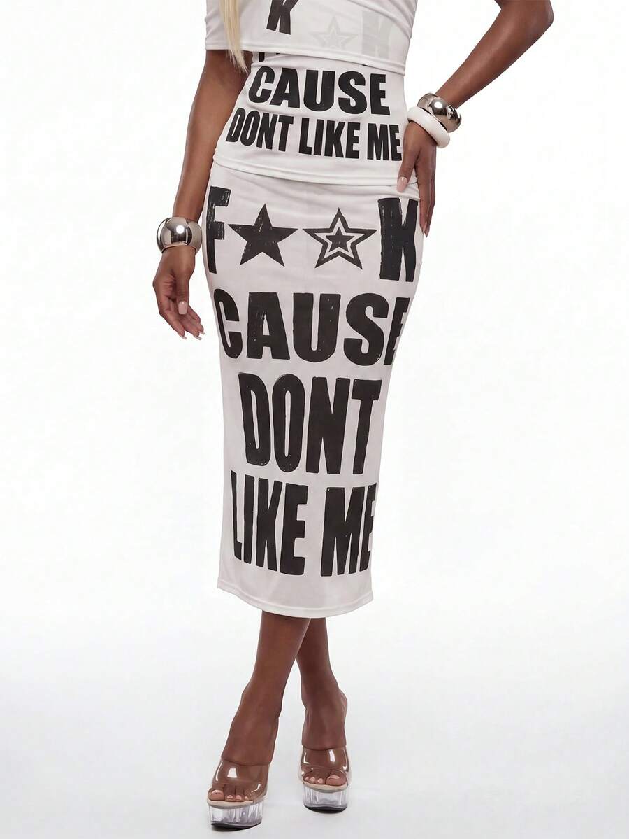 Modviera Women's Fashion Semi-Transparent Letter Print Black And White Skirt Night Summer 2000s - White - View 1
