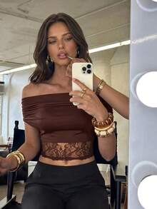 Privoire Women's New Fashion Solid Color Lace Patchwork Versatile Casual Commuter Top T-Shirt - Brown - View 3