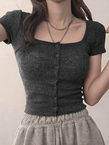 DAZY Women's Fitted Cropped Long Sleeve Ribbed T-Shirt - Grey - View 2