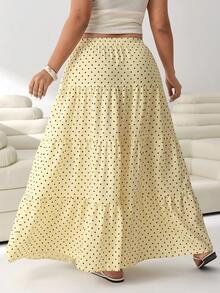 Solflare Plus Size Polka Dot Print Drawstring Design Multi-Layered Skirt Fall - Yellow - View 2