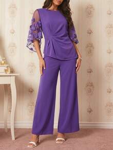 Amorya 2pcs Women Embroidered Ruffle Top And Casual Pants Set - Purple - View 4