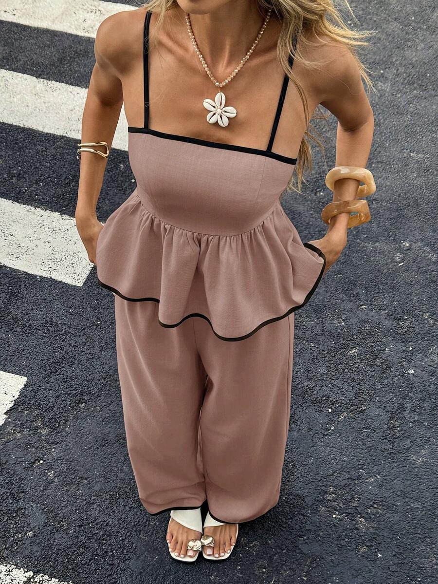 Siren Gaze Women's Contrast Trim Spaghetti Strap Camisole Top And Loose Long Pants Two Pieces Set Vacation Mauve Summer Tropical - Dusty Pink - View 1