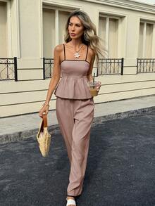 Siren Gaze Women's Contrast Trim Spaghetti Strap Camisole Top And Loose Long Pants Two Pieces Set Vacation Mauve Summer Tropical - Dusty Pink - View 4