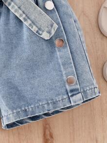 SHEIN Elladie kids 两件套女童活泼可爱不对称上衣+牛仔短裤休闲童装 - 粉色 - 查看 4