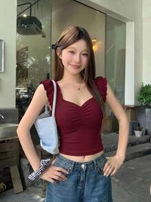 DAZY Women Ruched Camisole, Fitted And Versatile Valentine's Day Crop Top - Burgundy - View 10