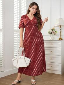 SHEIN LUNE Đầm thanh lịch chấm bi phối ren tương phản dành cho nữ cỡ lớn - Nhiều màu - Xem 1