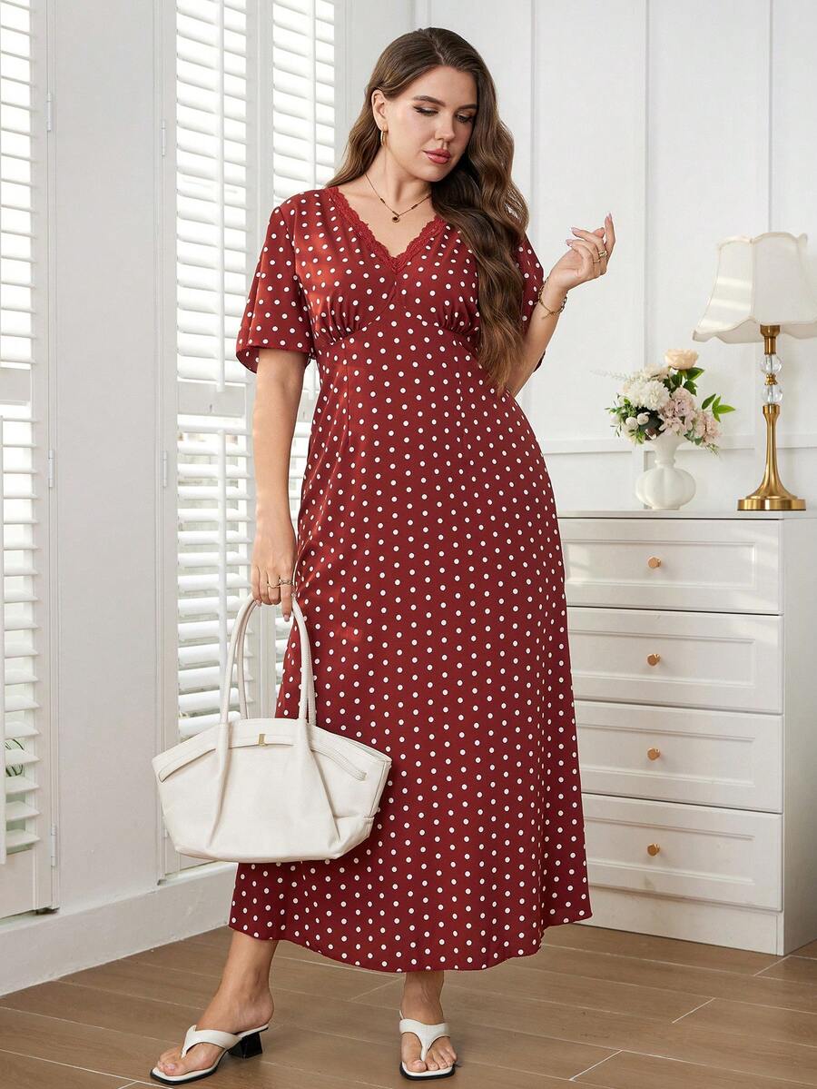 SHEIN LUNE Đầm thanh lịch chấm bi phối ren tương phản dành cho nữ cỡ lớn - Nhiều màu - Xem 1