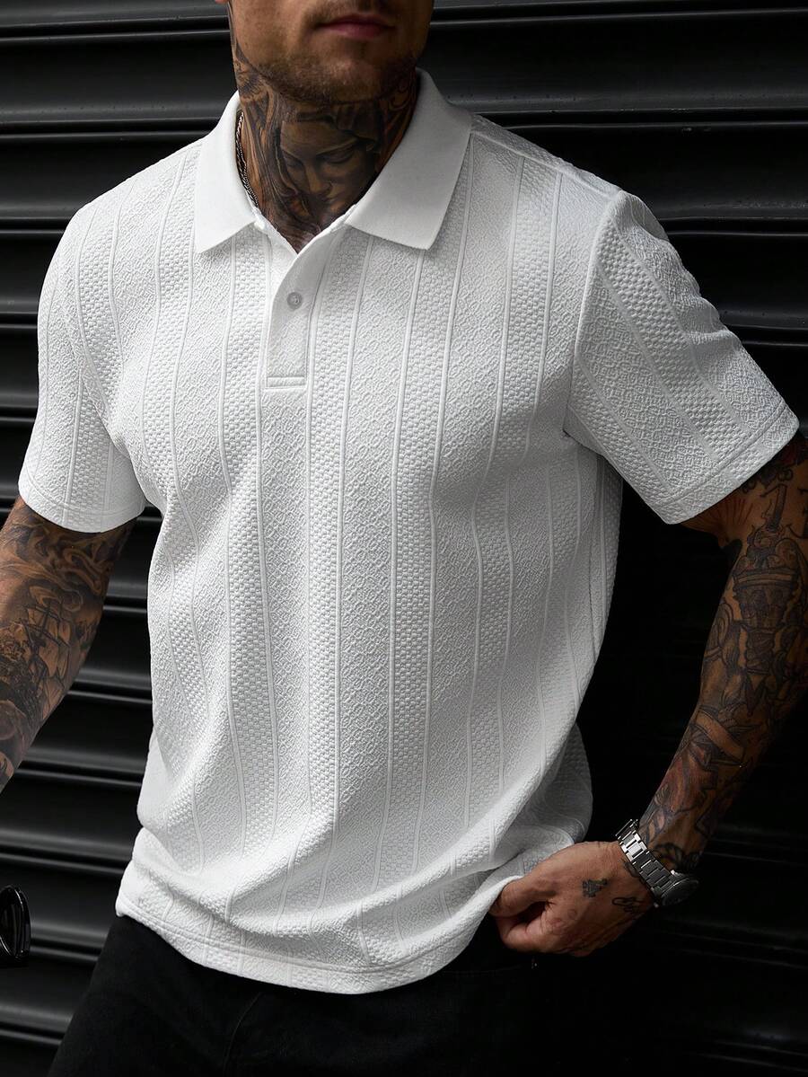 Manfinity CasualCool 男士紋理提花 Polo 衫,休閒日常短袖上衣,通勤與休閒必備,正式場合適用 - 白色 - 查看 1