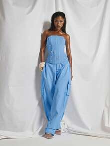 MUSERA Crystal Teardrop Embellished Boned Corset Bandeau Top Cute Summer Spring Going Out Night Out Occasion Embellished Elegant Sexy Light Blue - Blue - View 3