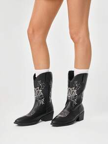 ROMWE Fairycore Bottes western marron, bottes hautes à enfiler brodées, bottes de moto  montant au genou, bottes montantes à talon épais pour femmes - Noir + fleurs - Voir 4