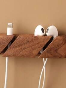 1 pieza Organizador de cables de madera maciza con múltiples ranuras, grano natural, organizador de cables para escritorio de oficina en casa, soporte para cables, gestión de cargadores, sujetacables - Multicolor - Ver 6