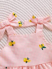 SHEIN Playful Pals 2件組女嬰幼兒/新生兒0-3歲春夏季休閒日常可愛度假條紋蝴蝶結裝飾可愛黃色檸檬圖案吊帶背心上衣+短褲套裝 - 粉色 - 查看 6