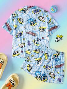 THE POWERPUFF GIRLS X SHEIN 女款卡通印花單排扣短袖上衣與休閒短褲睡衣套裝 - 藍色 - 查看 2