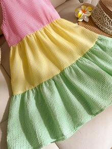 SHEIN Genkimix Kids 少女活力四射、灵感源自多巴胺的条纹拼接无袖连衣裙，休闲夏季装扮 - 彩色 - 查看 5