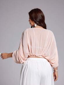 Viva Relle Plus Size Light Pink Chiffon Ruched Puff Sleeve Cropped Blouse, Sexy Style Loose Batwing Sleeve Waist-Baring Top, Gentle Style, Vacation Style, Date, Summer New Arrival - Pink - View 4