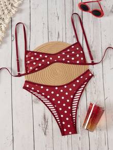Swim Mod 女款夏季海灘度假熱帶性感紅白波點印花可正反穿多款式抹胸比基尼，適合海邊穿著 - 彩色 - 查看 5