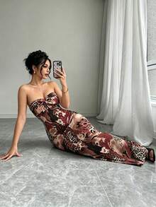 Selianne 無袖平口扭轉露背鏤空綁帶貼身豹紋美人魚洋裝 - 玫紅色 - 查看 5