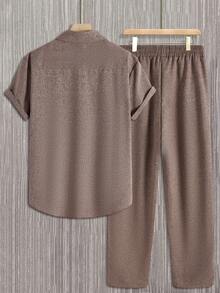 Manfinity Homme Men's Summer Casual Front Button Short Sleeve Shirt And Pants Set - Brown - View 2