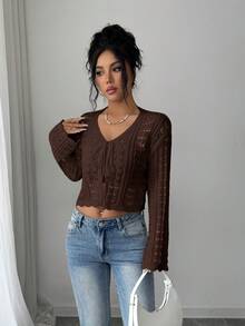 Selianne Women's Solid Color Tie-Front Casual Versatile Daily Outing Cardigan - Coffee Brown - View 4