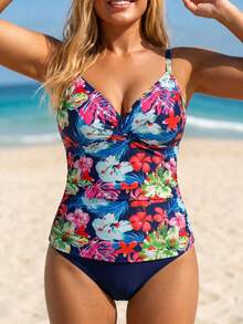 SHEIN Swim 2026 Summer New Beach Vacation Tummy Control Slimming Print Two Pieces Plus Size Tank Bikini - Multicolor - View 5