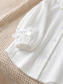 SHEIN LMoss Kids LMoss 女童宽松条纹翻领休闲衬衫 - 白色 - 查看 4