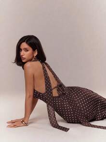 Aloruh Romantic Date Night Brown Polka Dot Mesh Halter Tie Strap Maxi Bodycon Dress For Women - Brown - View 1