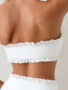 Swim Mod Bộ bikini nữ đi biển mùa hè màu trơn, viền bèo nhún, áo bandeau thắt nút trước, đồ bơi hai mảnh màu đen - trắng - Xem 4