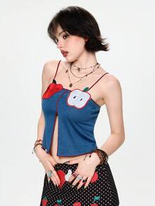 Sweetness 可愛甜美蘋果刺繡圖案藍色細肩帶背心上衣女款 - 藍色 - 查看 5