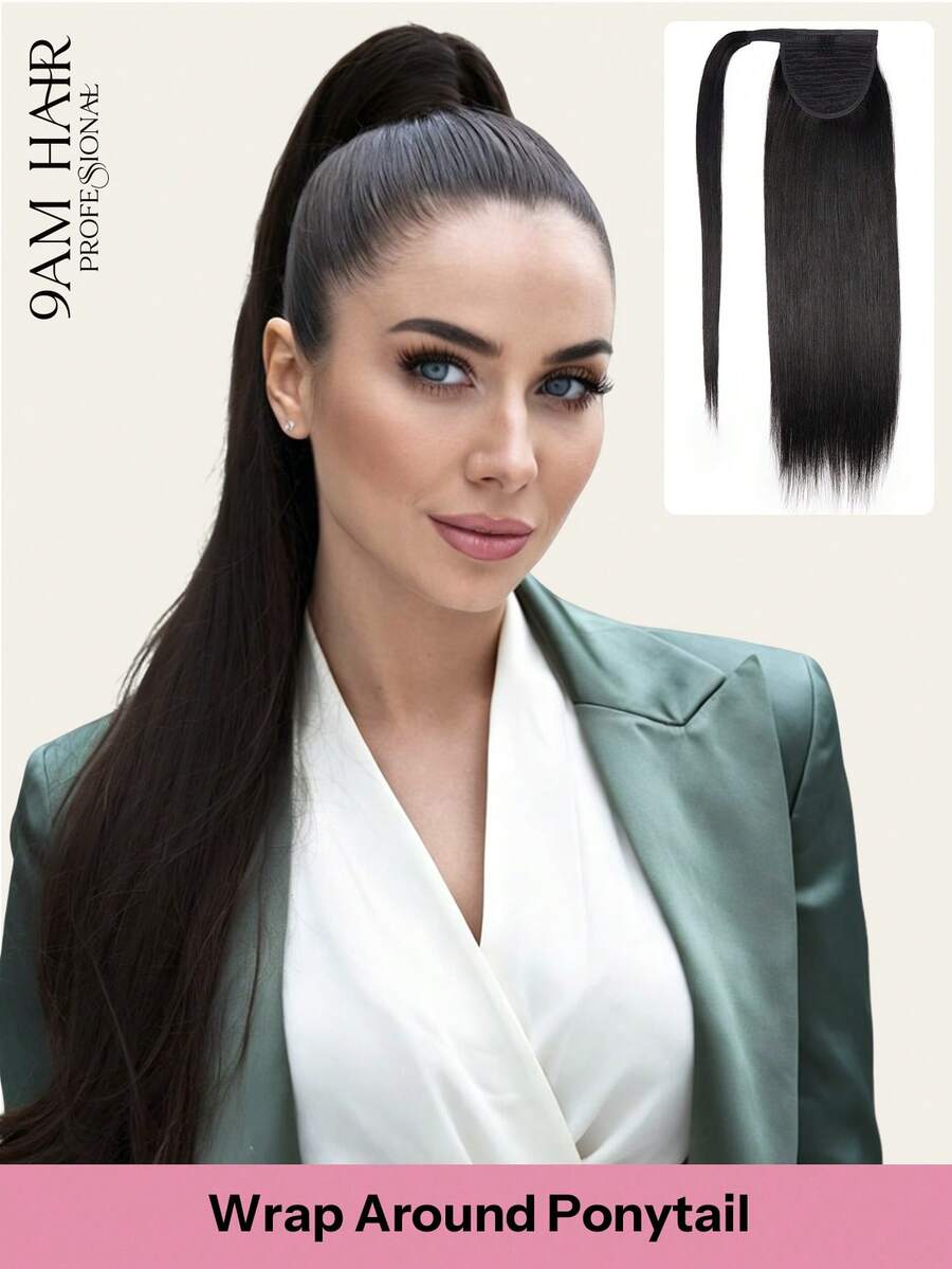 Pony Tails Real Hair Extension Straight Ponytail Extension Human Hair Nature Black Invisible Wrap Around Ponytail Human Hair For Women Daily Work - S1B - View 1