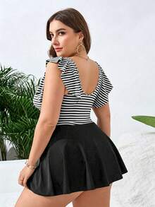 Swim Lushoire Plus Size Summer Vacation Patchwork Striped Ruffle Swim Dress - Black and White - View 2
