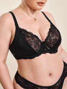 Hourtrue Plus Contrast Lace Underwire Bra Lingerie, Lift - Black - View 3