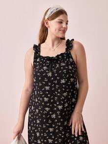 Bonmuse Plus Size Women's Casual Loose Bowknot Floral Print Ruffle Hem Camisole Nightgown - Black - View 8