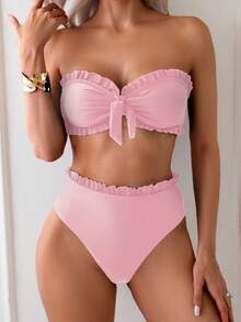 Swim Basics Women's Summer Beach Solid Color Ruffle Trim Bandeau Bikini Set With Front Knot, Two Pieces Swimwear Black Bathing Suits - Pink - View 3
