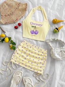 Soleia Áo croptop nữ hở lưng họa tiết anh đào phong cách tối giản casual đi chơi, chân váy ngắn cạp thấp nhún họa tiết chấm bi, áo thun họa tiết, phù hợp mặc mùa hè và dạo phố ngoài trời - Màu vàng - Xem 6