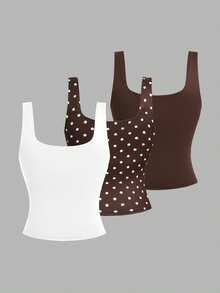 SHEIN Girlism Conjunto de 3 piezas de camisetas de tirantes y camisolas para niñas preadolescentes, color liso y estampado de lunares, cuello cuadrado, cintura fruncida, chaleco ajustado, caja sorpresa [6 sets aleatorios, se envían 3 sets] - Multicolor - Ver 5