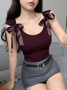 Joudiya Backless Bow-Tie Lace Up Short Sleeve Women's Slim Fit T-Shirt Going Out Tops Summer Halter Top - Burgundy - View 10