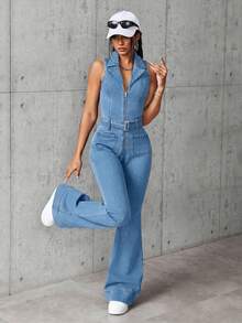 SHEIN EZwear 女款夏季休閒無袖牛仔連身褲 - 藍色 - 查看 6